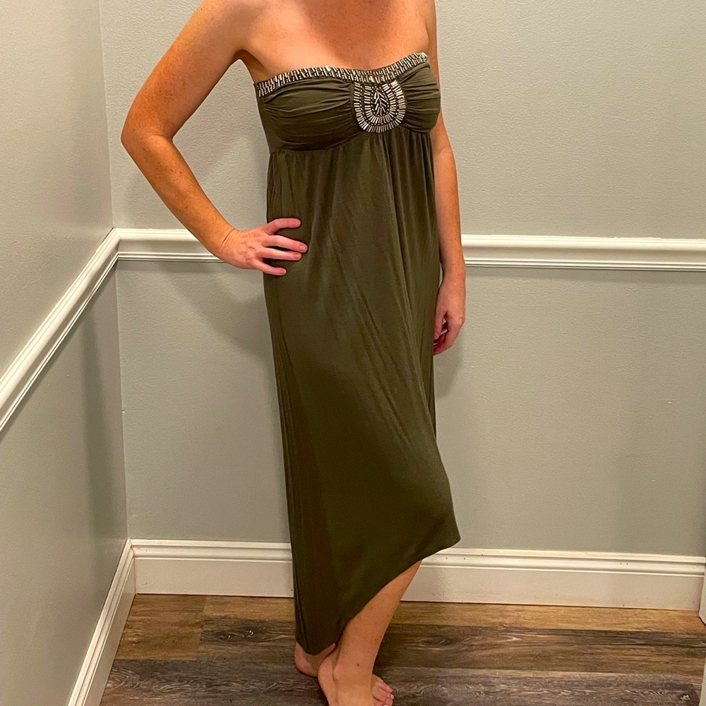 Ya Los Angeles Olive Green Hi-Low Embellished Maxi Dress Sz M